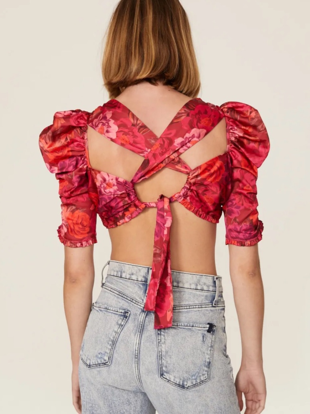 For Love & Lemons Red Floral Off-Shoulder Tie-Front Crop Top - Picture 2 of 3